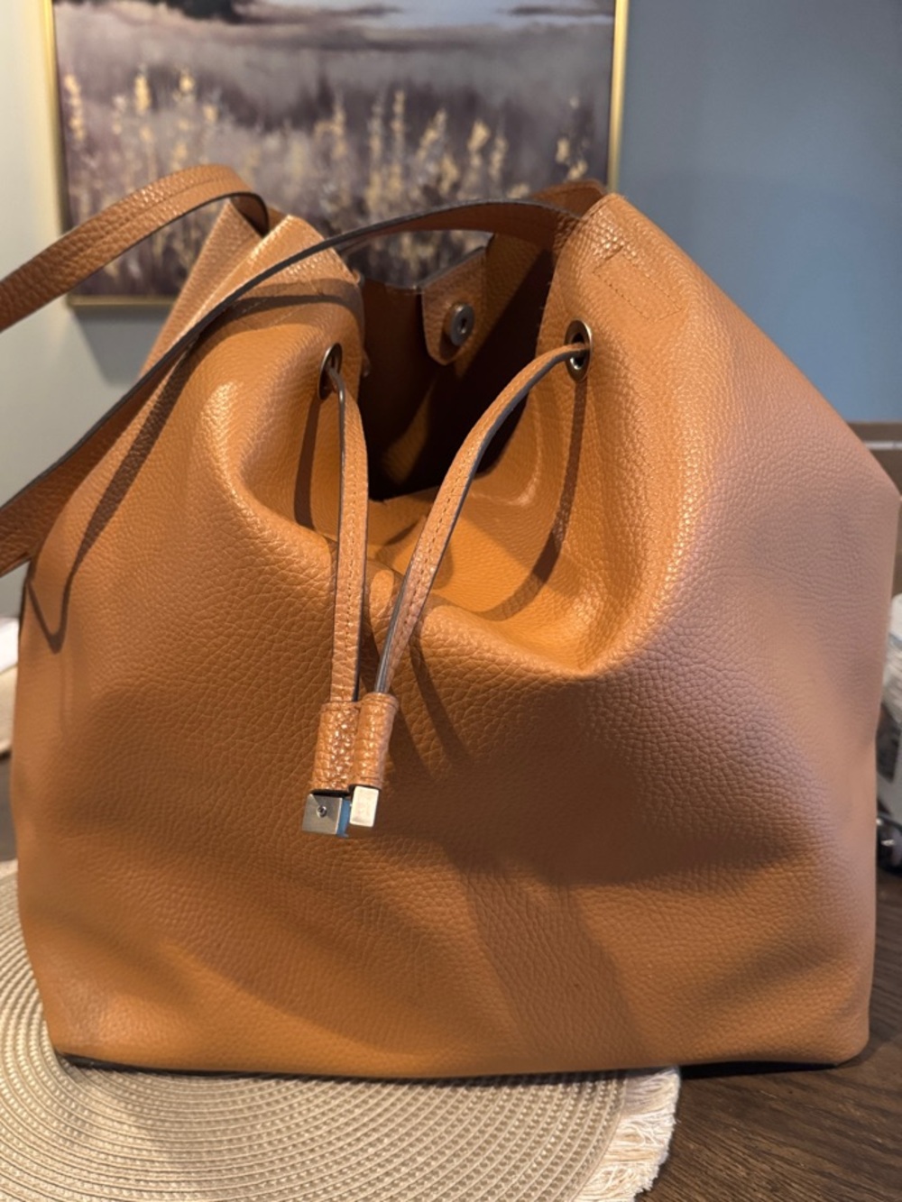 Women's Drawstring Tote Bag in Caramel Brown